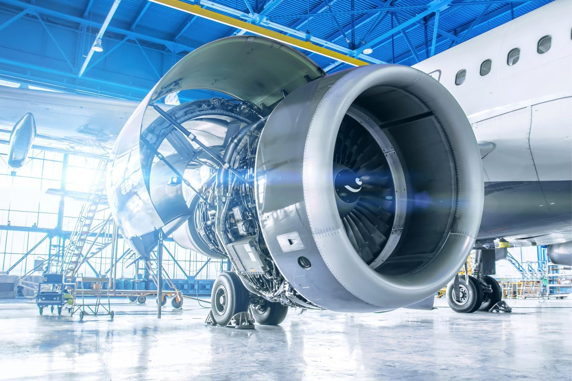 Close-up of an aircraft engine in the hangar