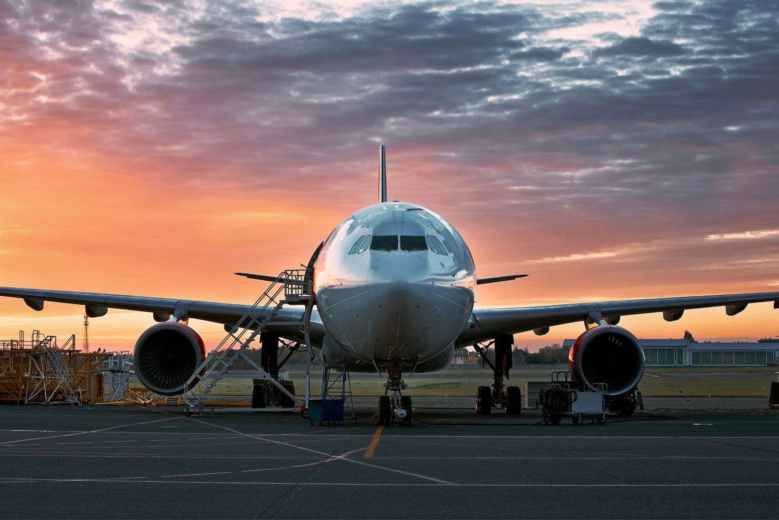 A wide-body aircraft head-on on the apron at dawn